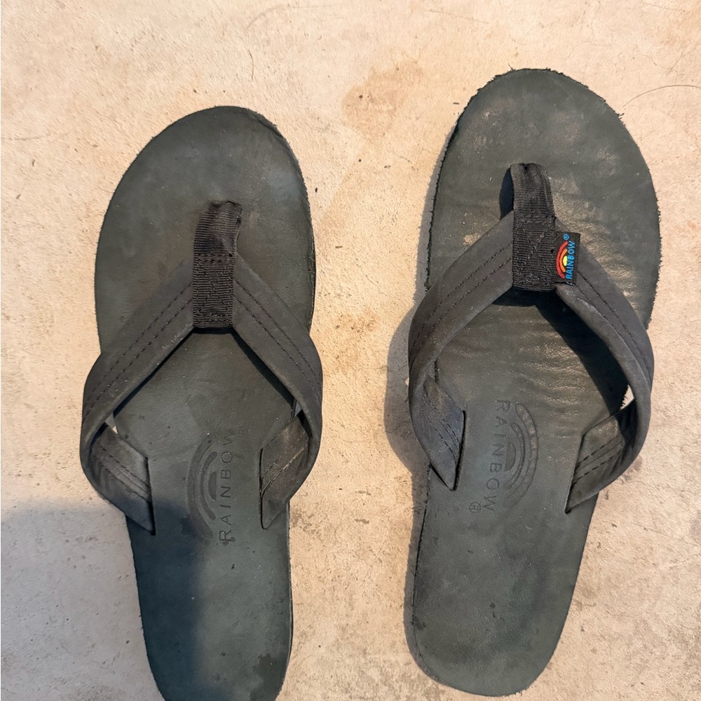 Rainbow Black Leather Flip Flop Sandals with Rainbow Logo